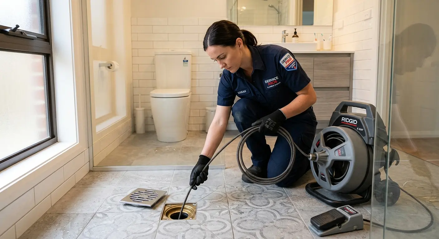 Technician clearing a bathroom floor drain for Drain Repair in New Albany